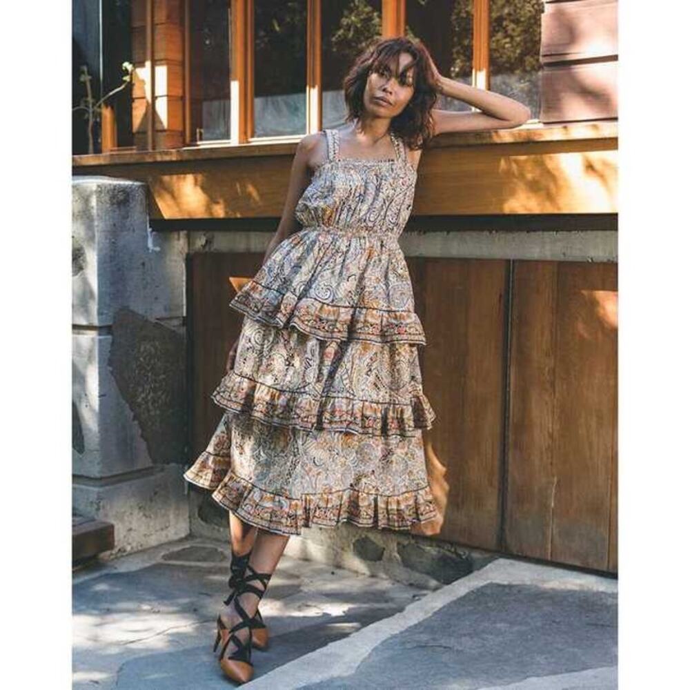 Cleobella Kaleidoscope Rosalie Ruffled Tiered Smocked Midi Dress Boho Size Large - Picture 14 of 14